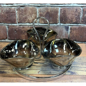 Vtg Mercury Fade Chrome‎ Condiment Bar Caddy Ombre 3 dish MCM Nut Candy Dish Set